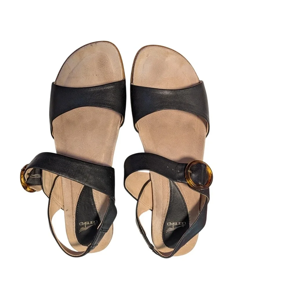 Dansko Black Leather Wedge Sandals Tortoise Buckle Wood Grain Platform EU‎ 40